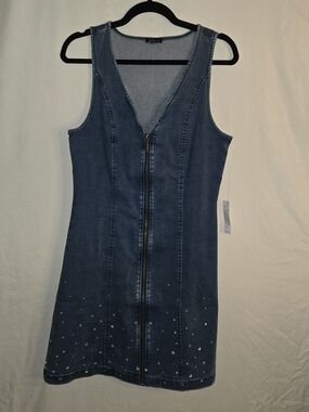 Venus Sleeveless Blue Denim Zip-Front Mini Dress with Hem Embellishment